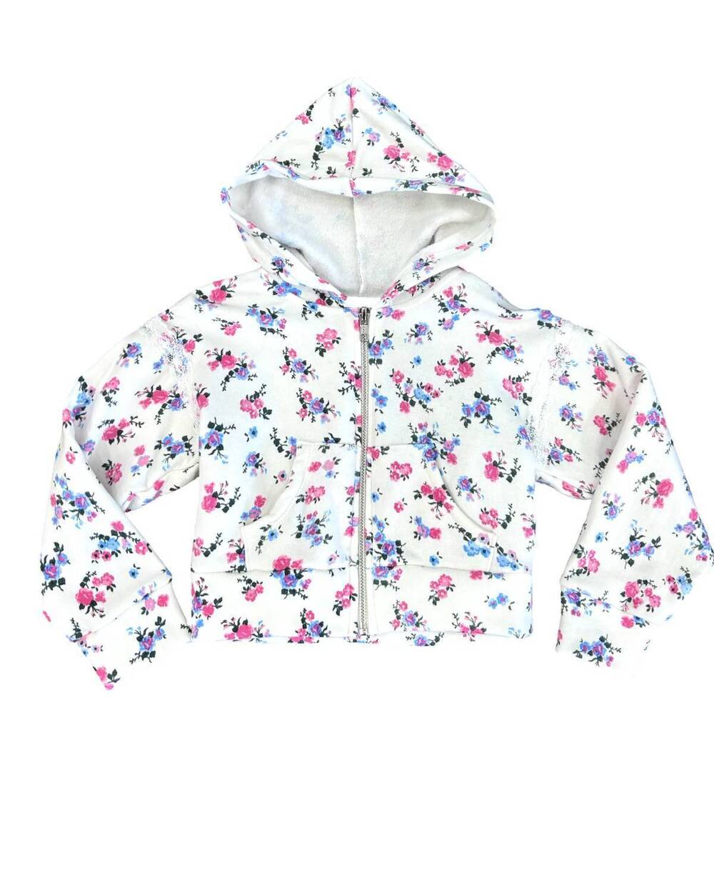 NEW FLOWERS BY ZOE girl's zip hoodie in white floral